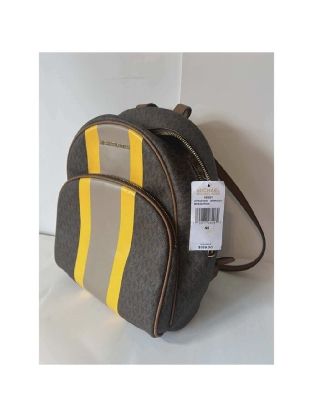 Michael Kors Abbey‎ Medium Backpack Brown Multi Logo Yellow Stripe NEW